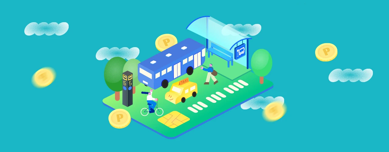 Illustration of buses, taxis, cycling and payment coins in Seoul