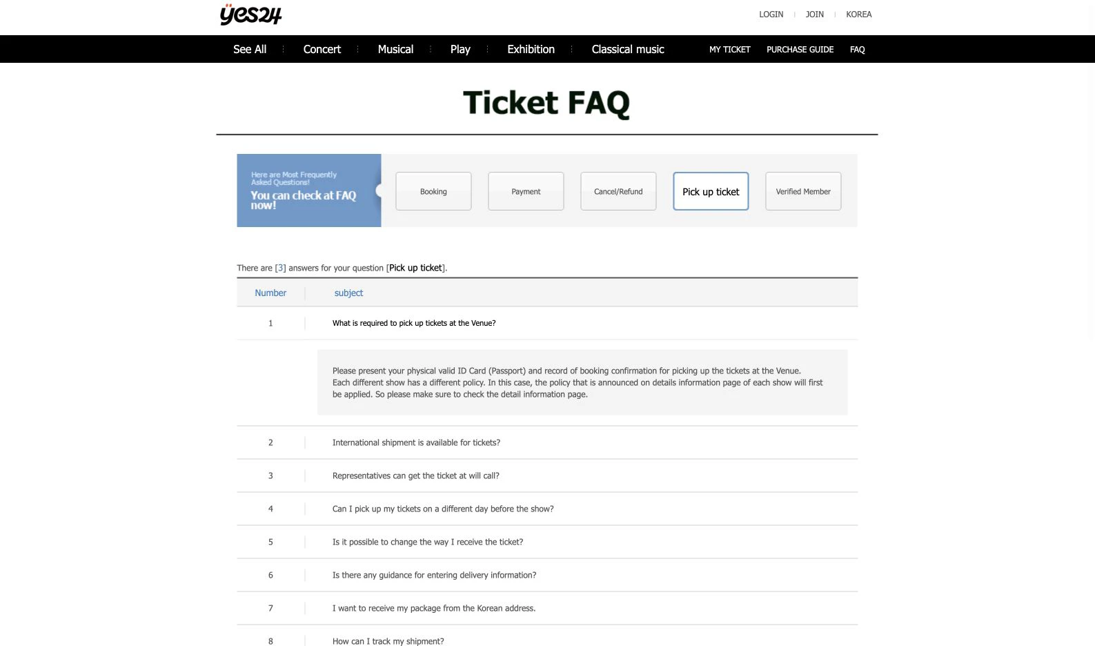 YES24 Global FAQ explaining that venue pickup requires a physical passport and booking confirmation