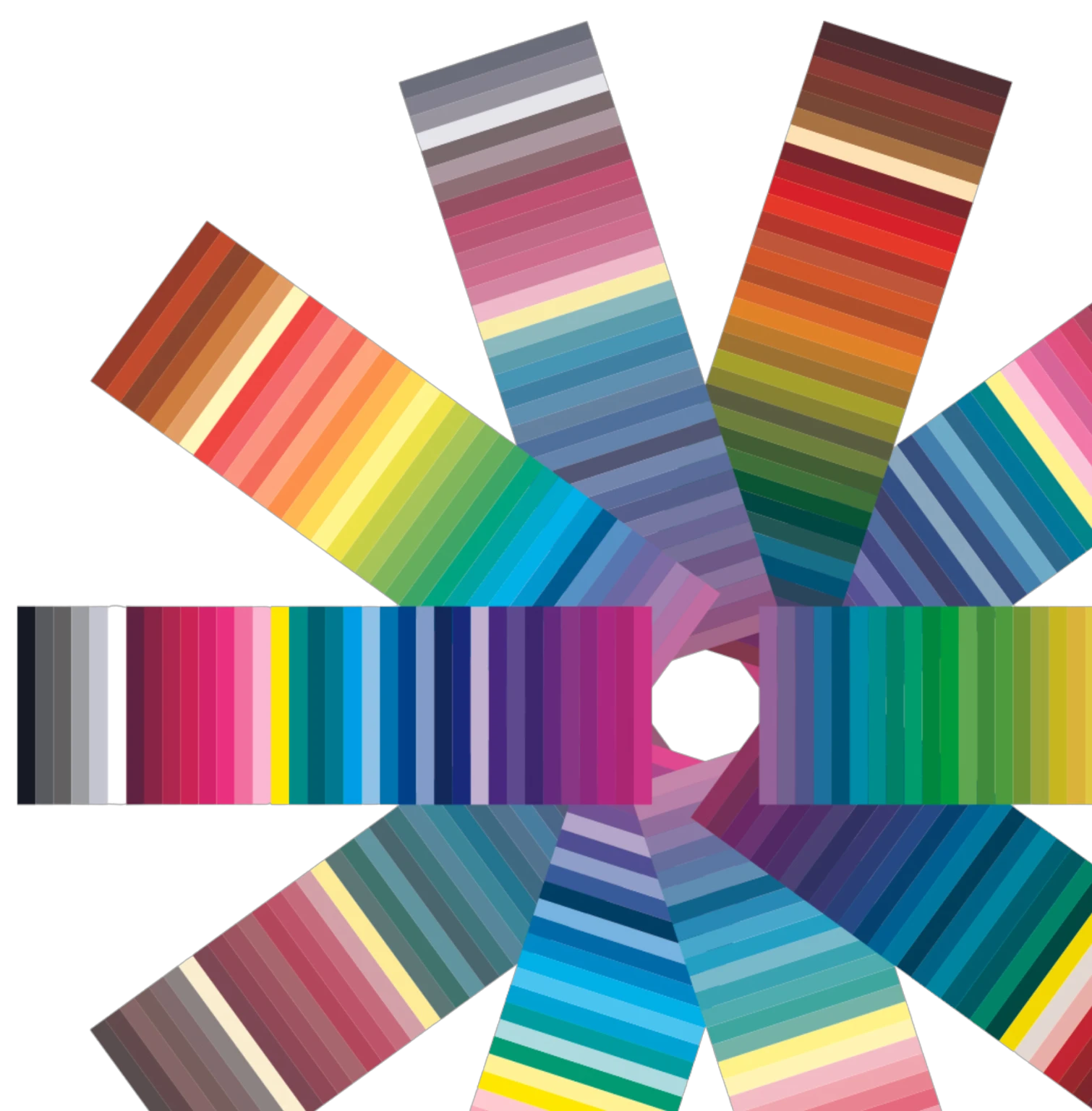 Multiple color palette fans arranged in a circle to represent different personal color classifications