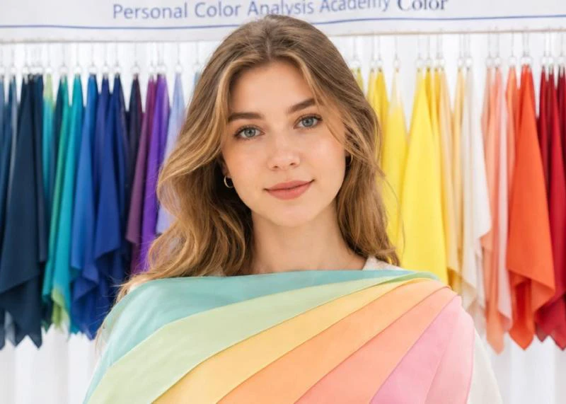 A client wearing pale fabric drapes beside a full rack of colors at a Seoul studio