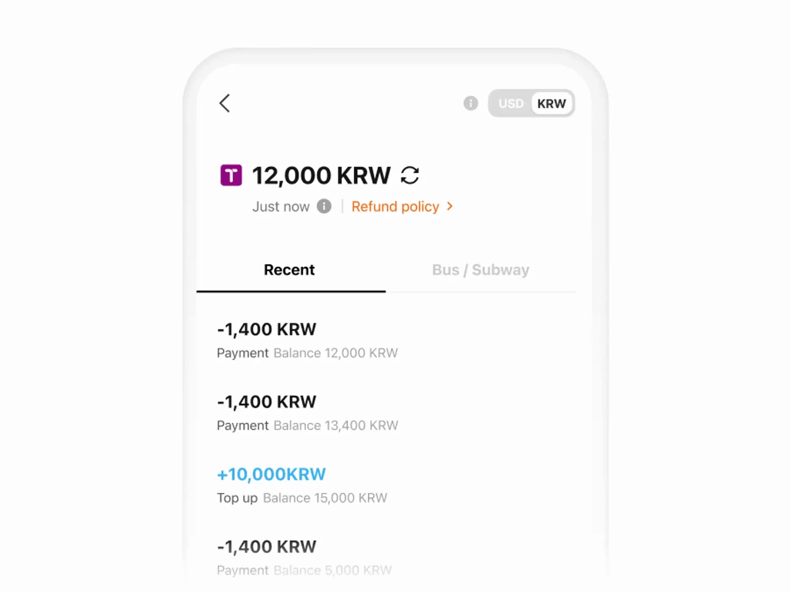 WOWPASS app screen showing recent Tmoney top-ups and transit deductions