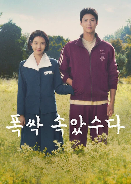 Korean poster for 폭싹 속았수다 with IU and Park Bo-gum standing in a field
