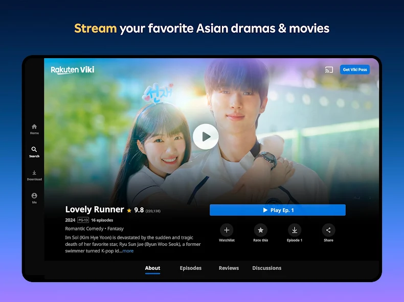 Rakuten Viki app showing the same drama under the English title Lovely Runner