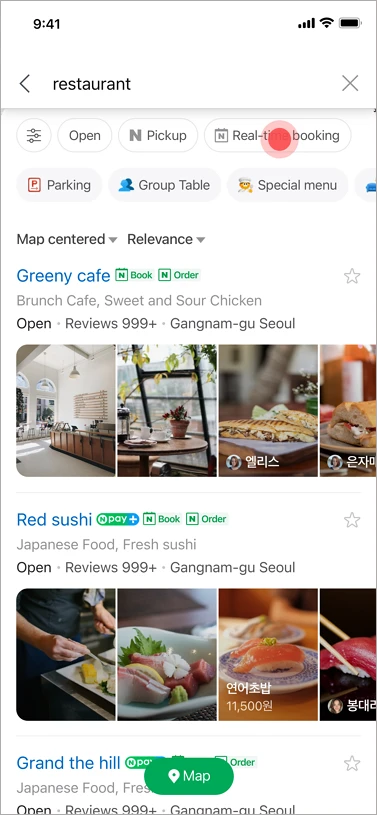 NAVER Map search results with Book badges beside participating restaurants