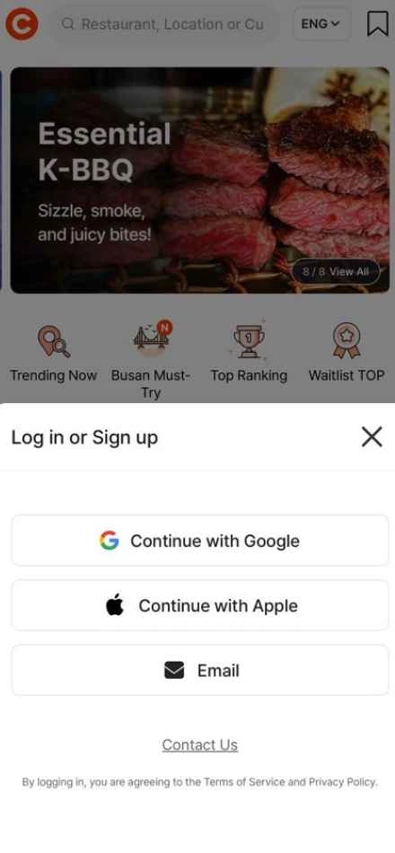 CATCHTABLE Global sign-in screen with Google, Apple and email choices