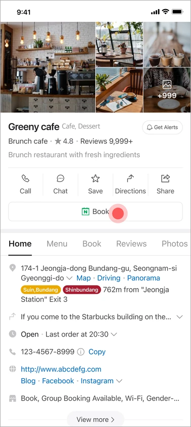 NAVER restaurant listing with its Book button highlighted