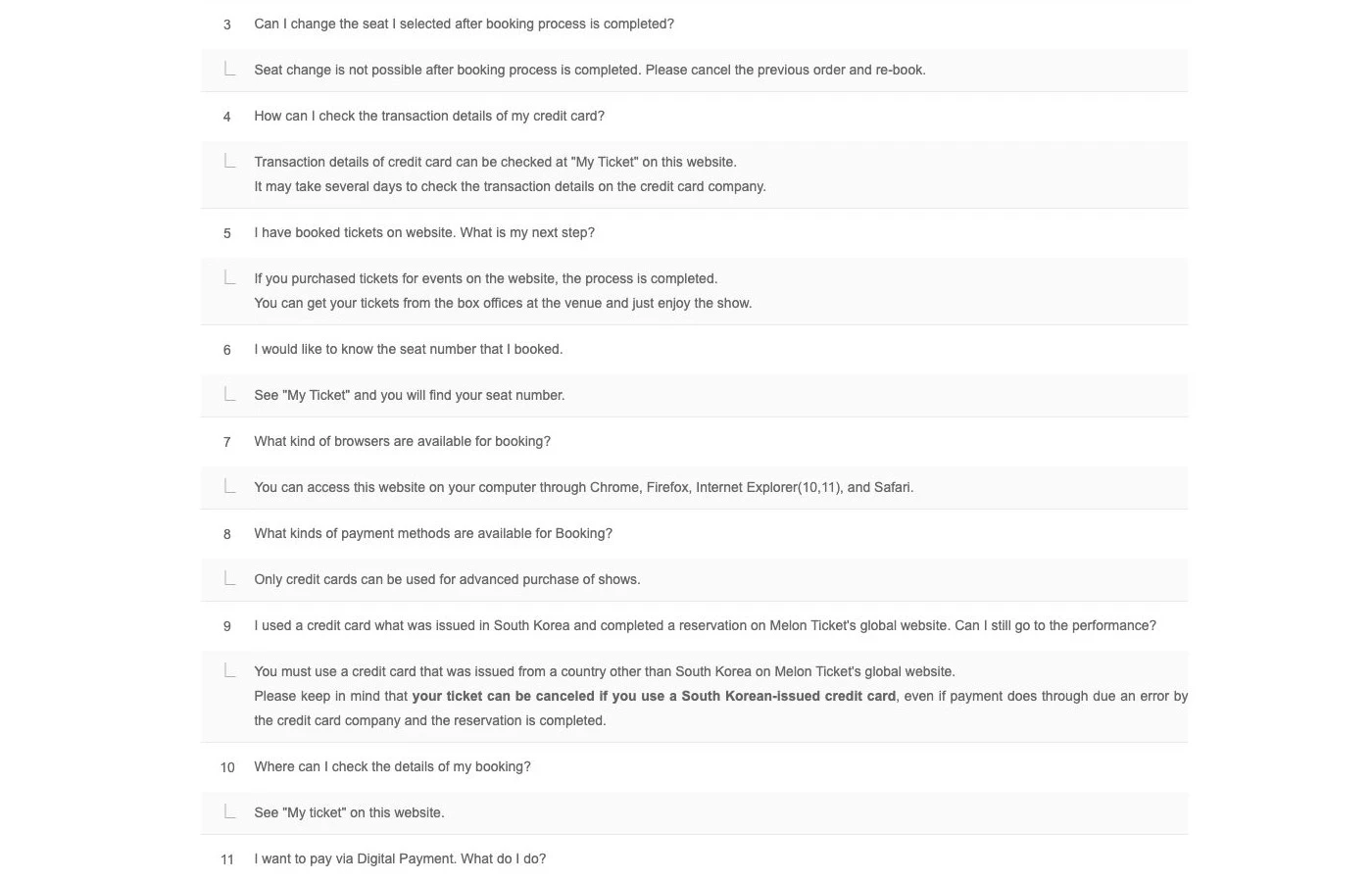 Melon Ticket Global FAQ explaining that booked tickets can be collected at the venue box office