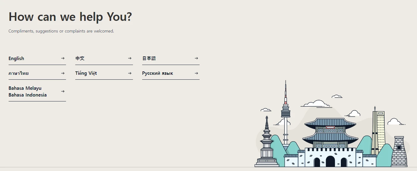 VISITKOREA multilingual help graphic listing English and six other languages