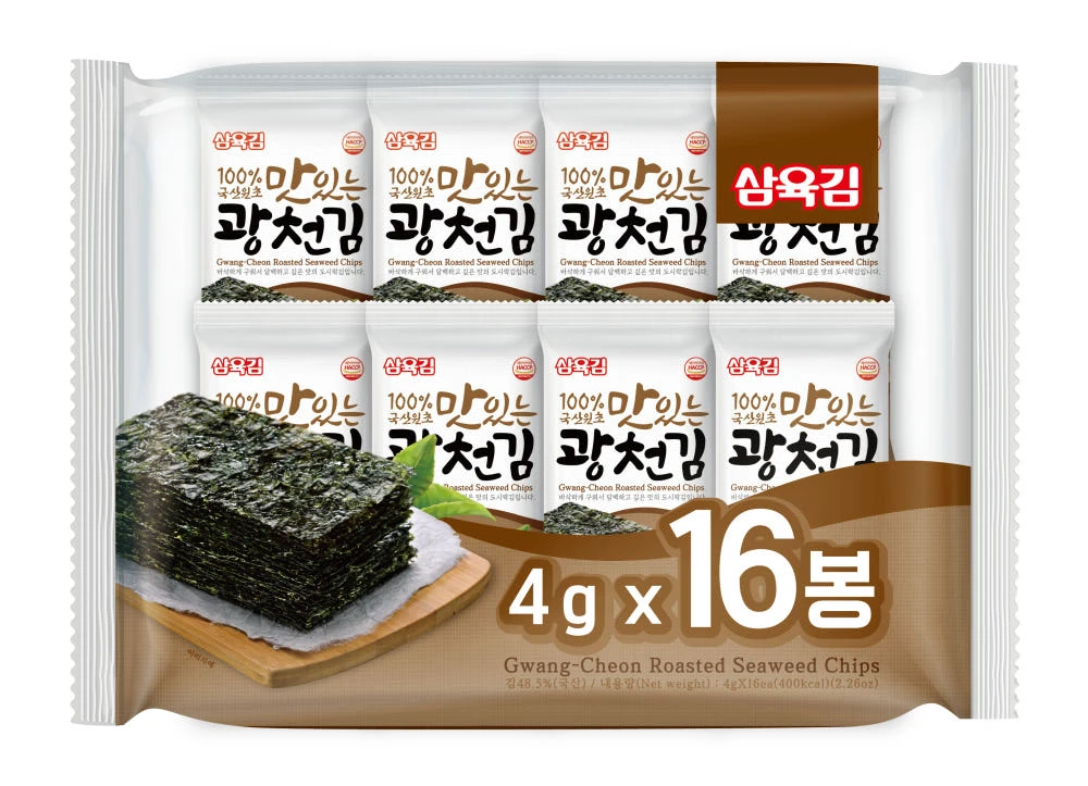 Multipack of sixteen individually portioned Samyook Gim roasted seaweed packets