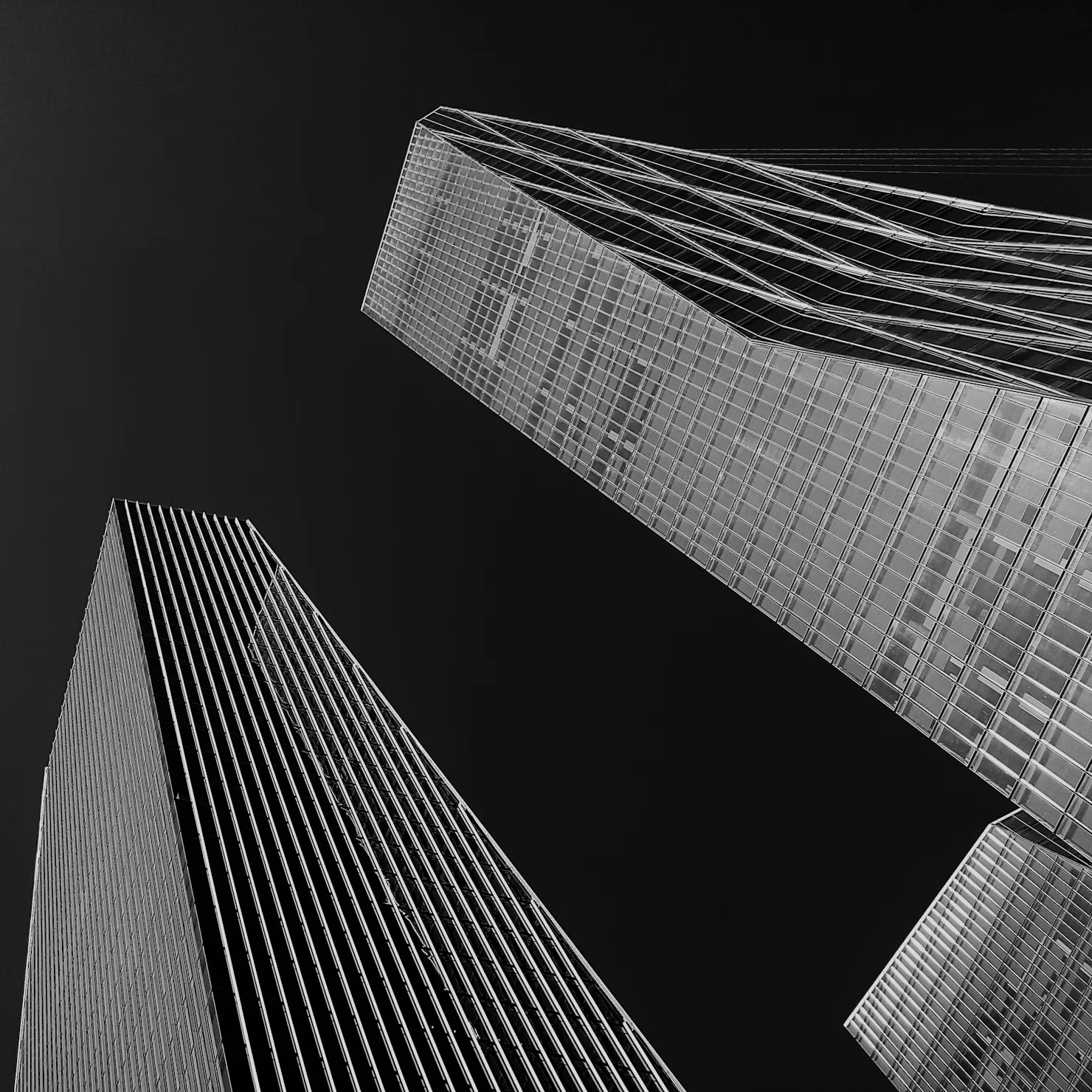 Modern glass office towers photographed from below in Yeouido, Seoul