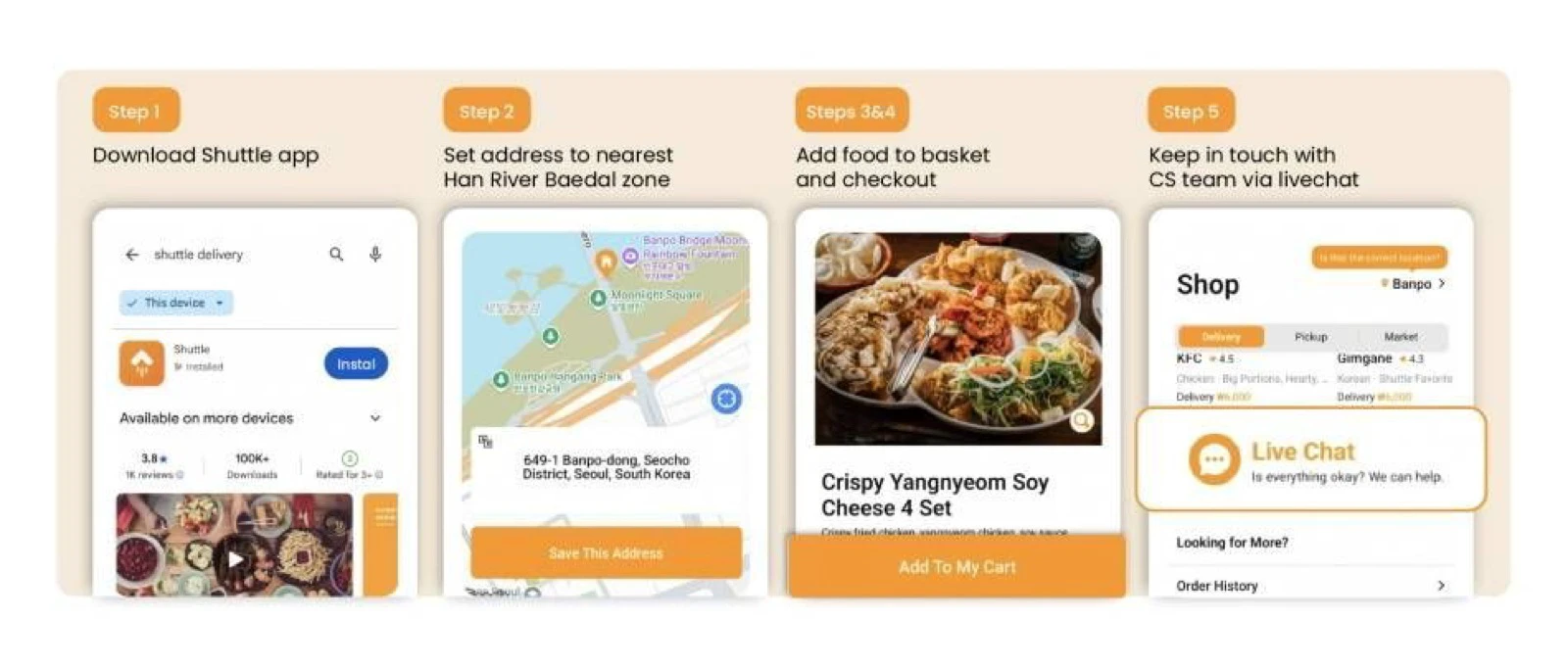 Official Shuttle guide showing app download, address, checkout, and live-chat steps