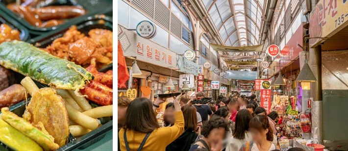 Các món ăn cạnh lối đi có mái đông đúc ở Tongin Market Seoul