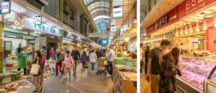 Quầy rau quả và thịt trong Mangwon Market Seoul