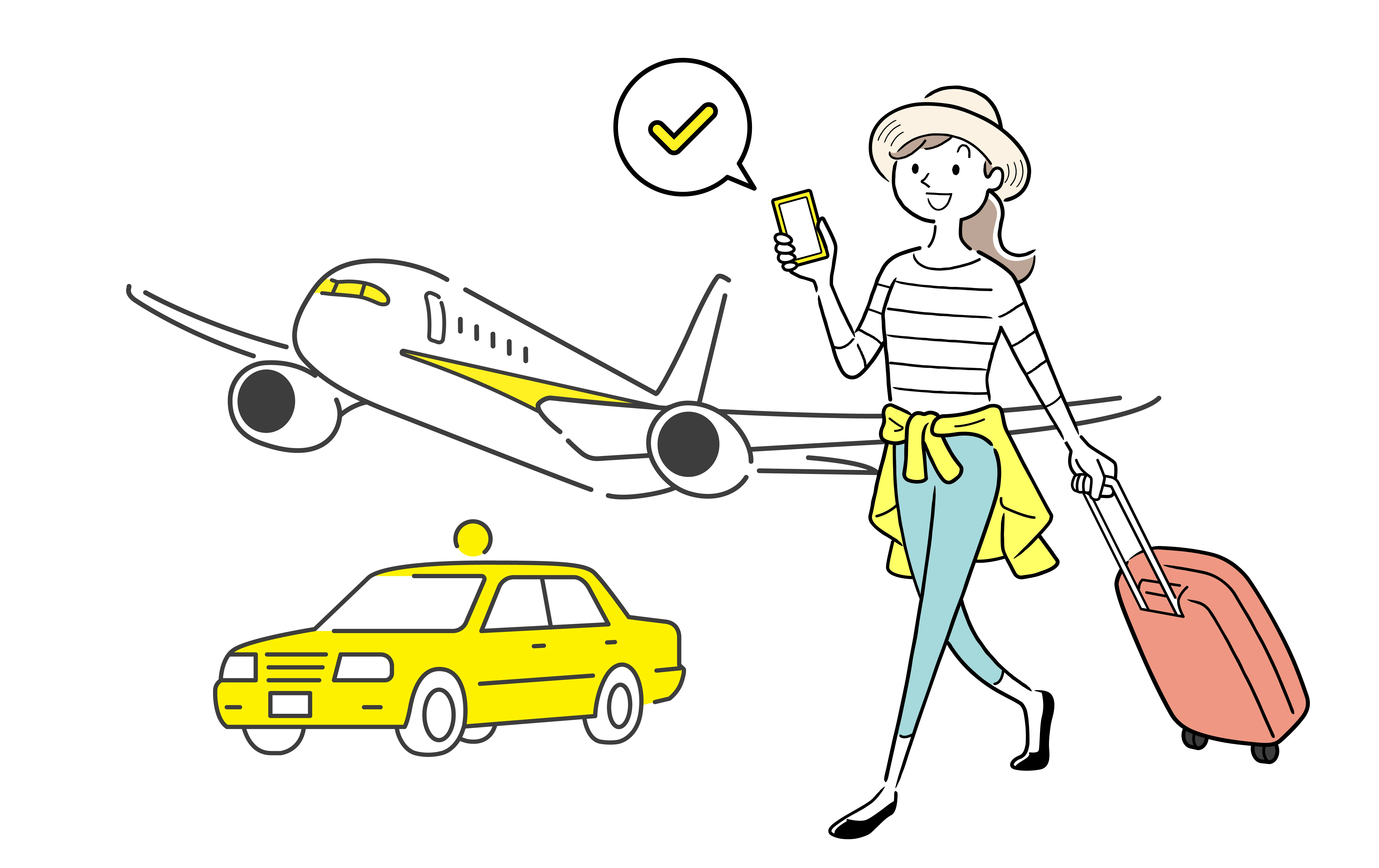 Traveler checking her phone while pulling a suitcase beside airplane and taxi icons