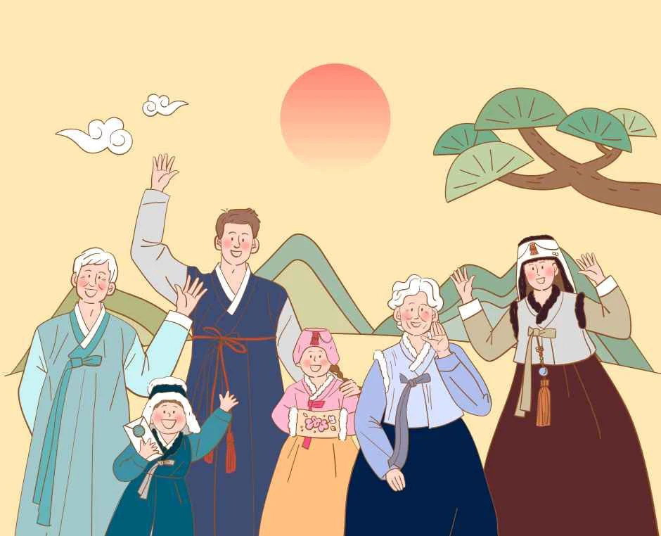 Three generations of a Korean family wearing hanbok for a traditional holiday