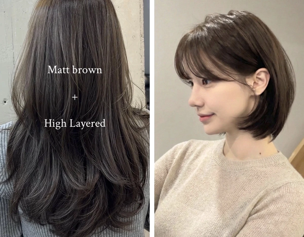 Long layered brown hair beside a short brown bob showing two salon length categories
