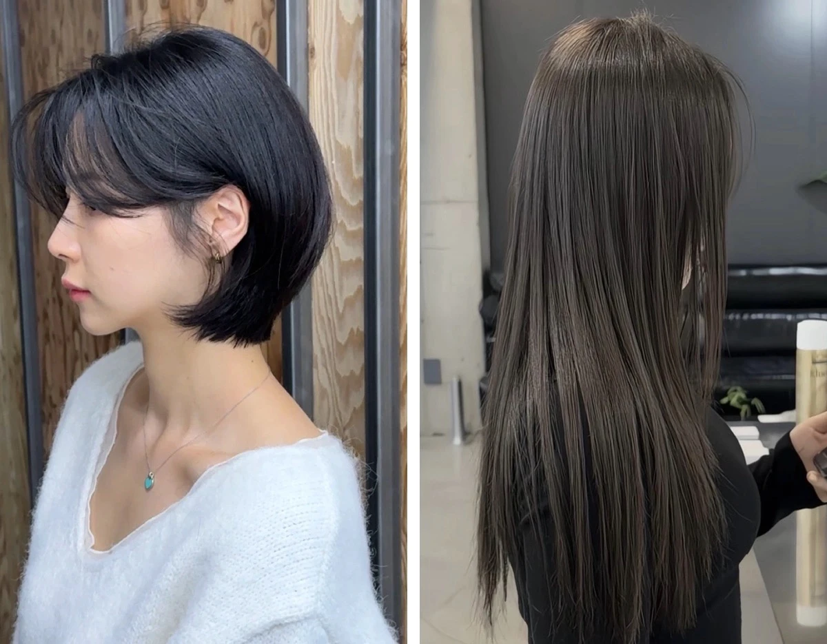 A short black bob beside long straight brown hair, illustrating different salon length categories