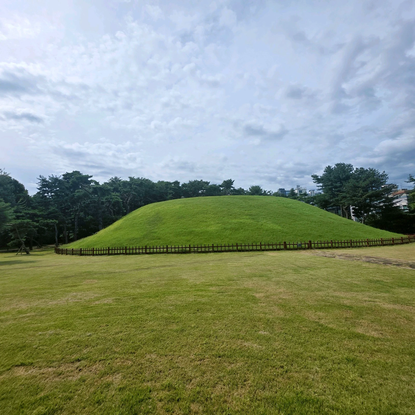 Green royal burial mound beneath a broad summer sky at Seonjeongneung
