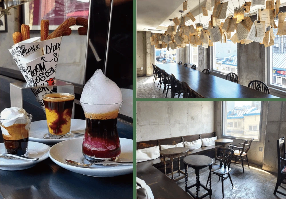 Đồ uống espresso và khu ghế ngồi tại Mailroom Sindang