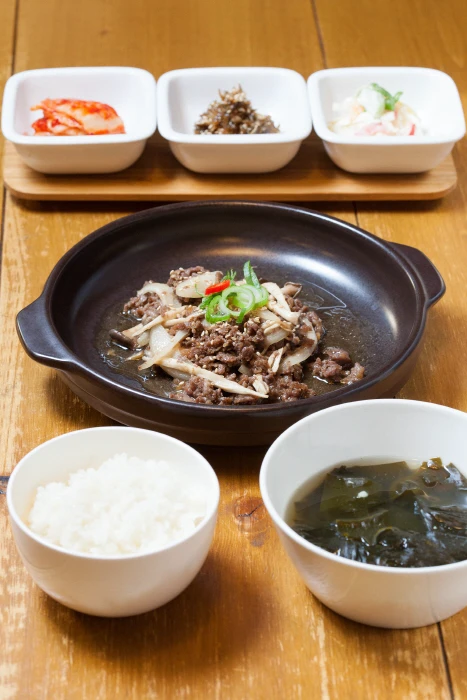 Halal beef bulgogi served with rice, seaweed soup and Korean side dishes at Eid