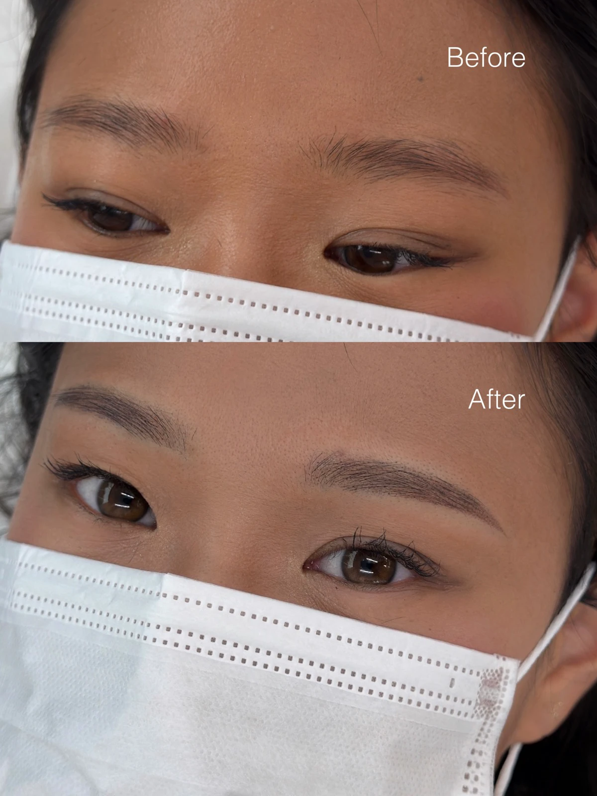 Before-and-after comparison of a traveler's semi-permanent eyebrow treatment in Seoul
