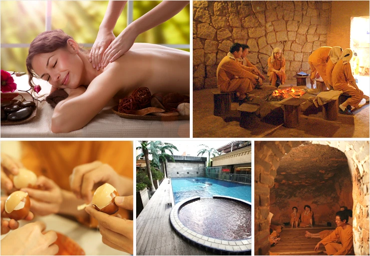 Visit Seoul collage showing a massage, heated room, eggs, pools and sauna