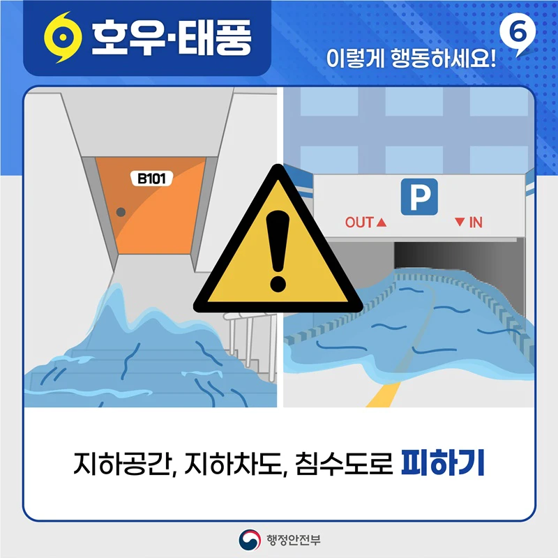 Korean government illustration warning people to avoid basements, underpasses and flooded roads