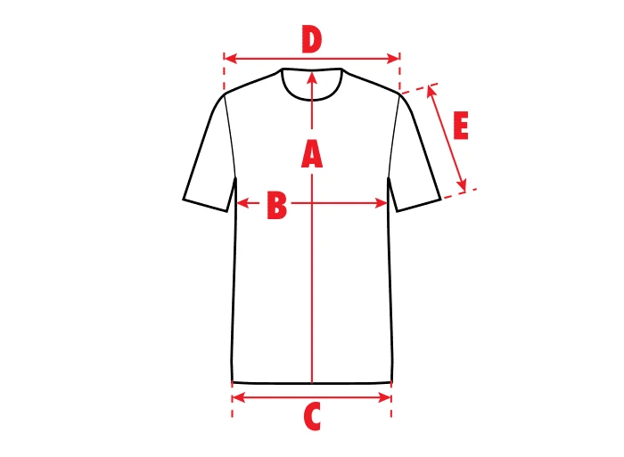 Diagram marking shoulder, chest, hem, sleeve, and total length measurements on a T-shirt