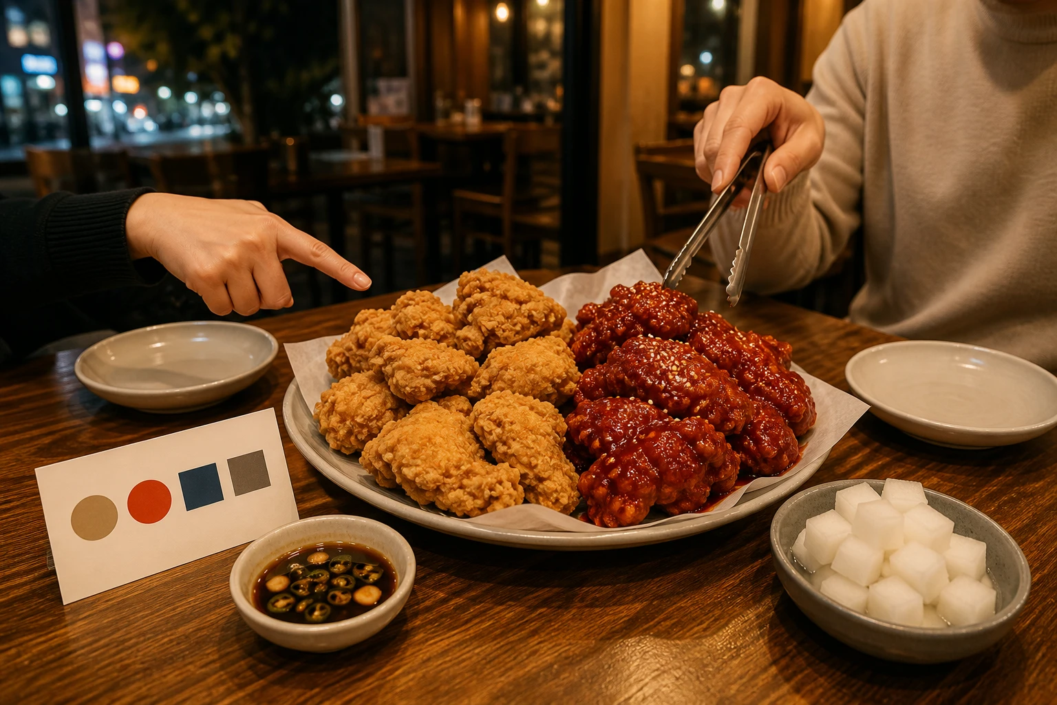 Two diners choosing between plain fried and red yangnyeom chicken with soy sauce and pickled radish