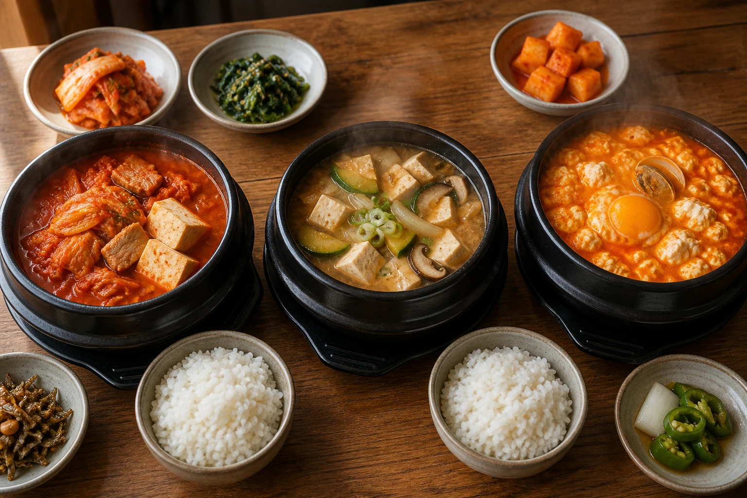 Three Korean earthenware bowls holding red kimchi jjigae, brown doenjang jjigae, and soft-tofu sundubu jjigae