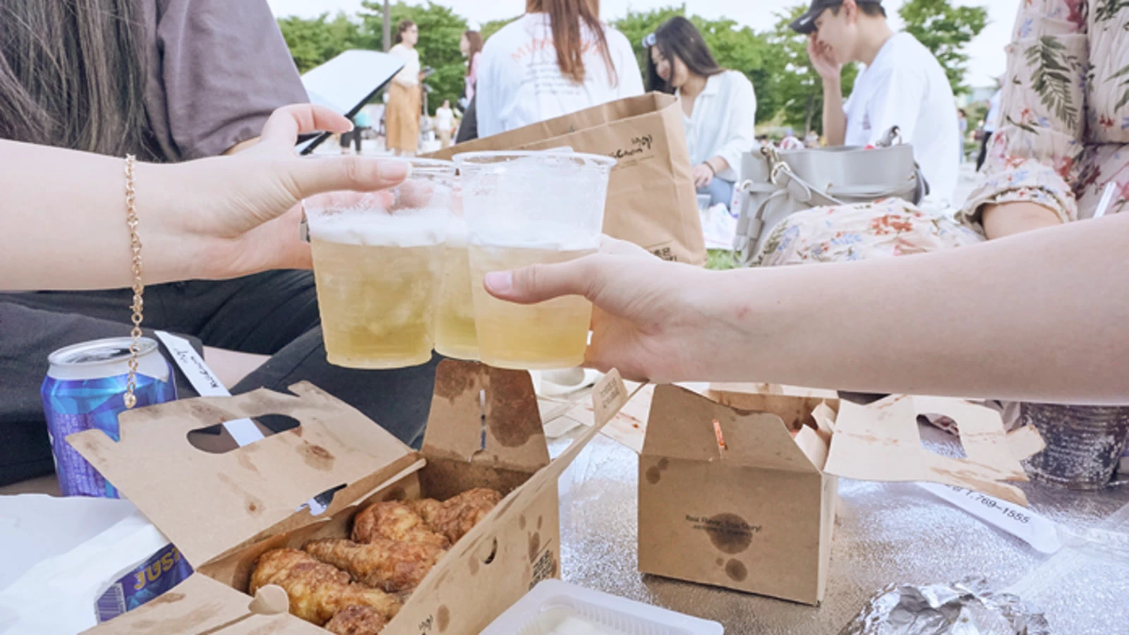 Friends toasting plastic cups of beer above fried chicken boxes at a Hangang picnic