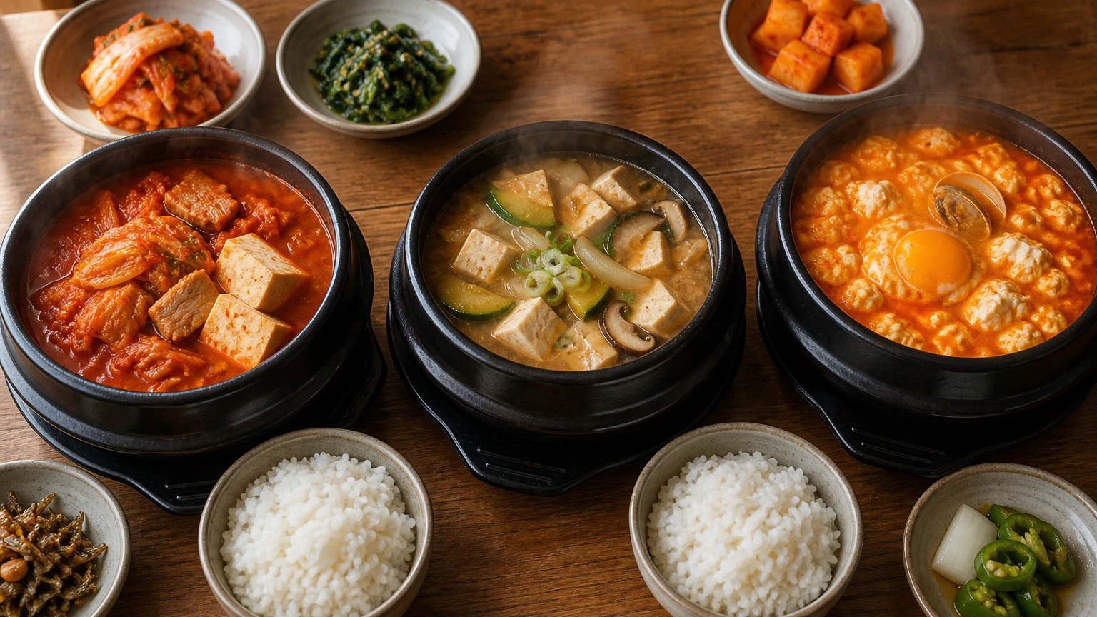 Illustrated comparison of kimchi jjigae, doenjang jjigae, and sundubu jjigae in black earthenware pots