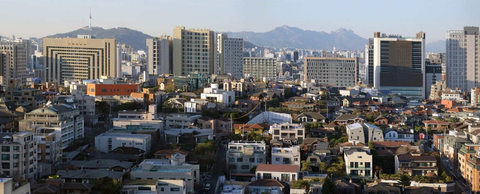 Panoramic view across the dense office and residential fabric of Gangnam from Yeoksam