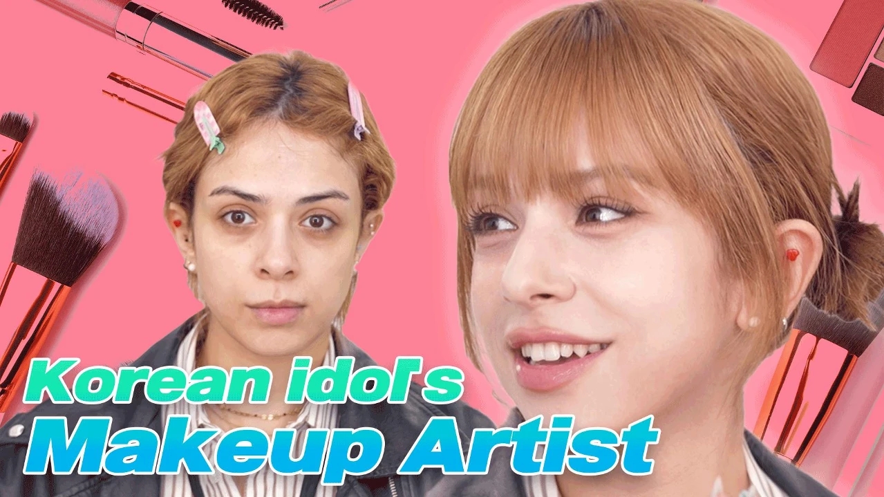 Tampilan before-and-after seorang perempuan yang mendapat makeup rapi terinspirasi idol Korea