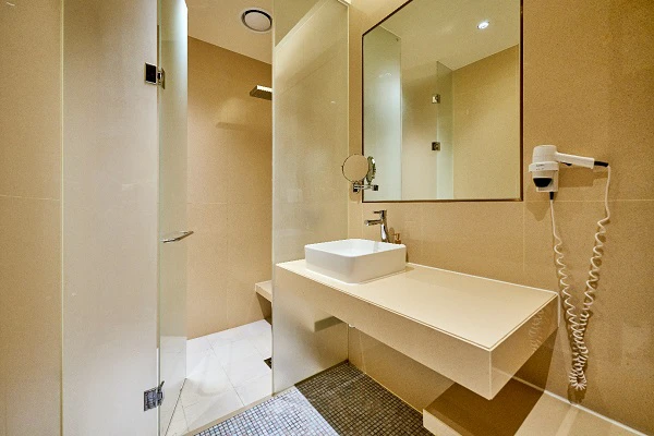 Private Incheon Airport shower room with an enclosed shower, sink, mirror, and hair dryer