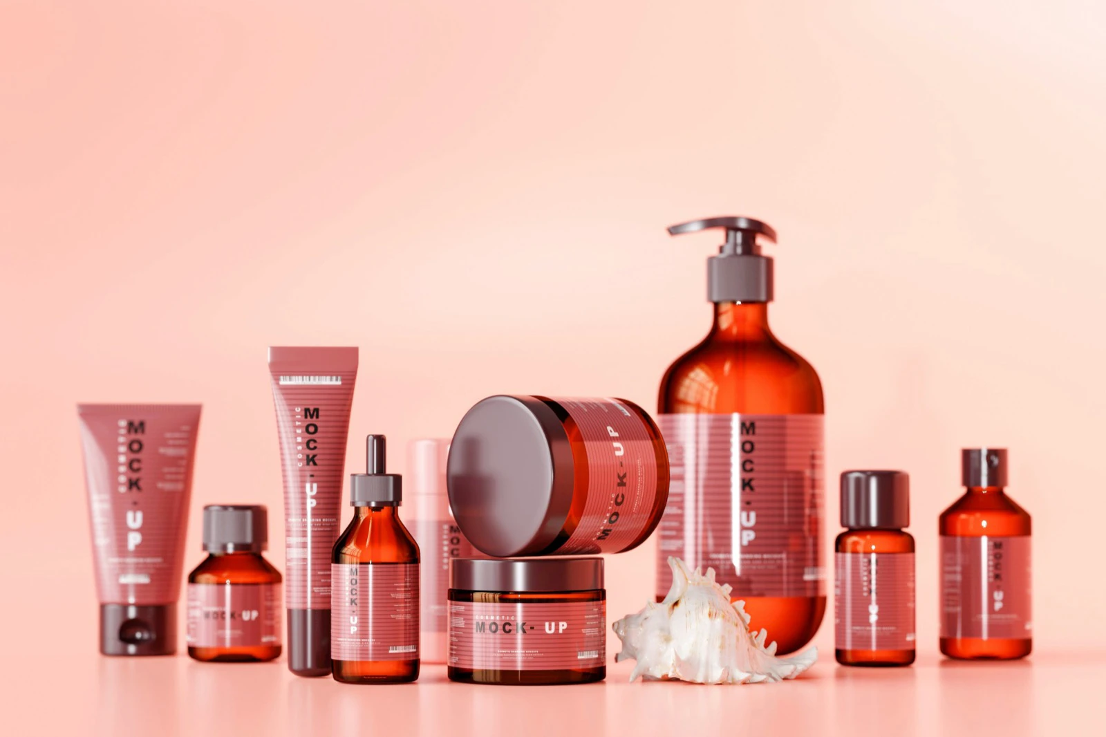 Botol dan tube skincare yang masih tertutup disusun sebagai antrean produk