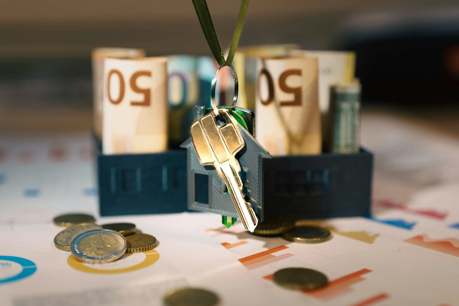 House-shaped keys hanging in front of banknotes and coins as a generic deposit-risk illustration