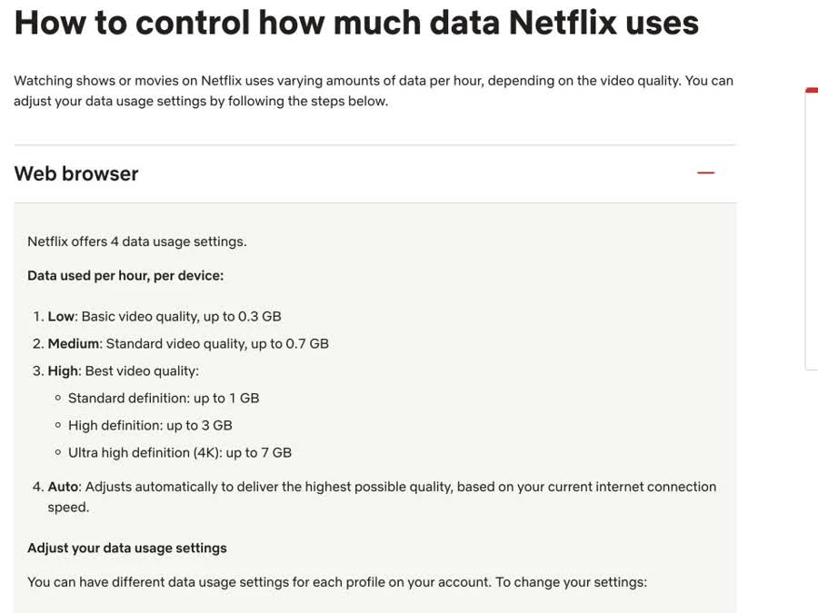 Netflix Help table listing hourly data use from low quality through HD and 4K