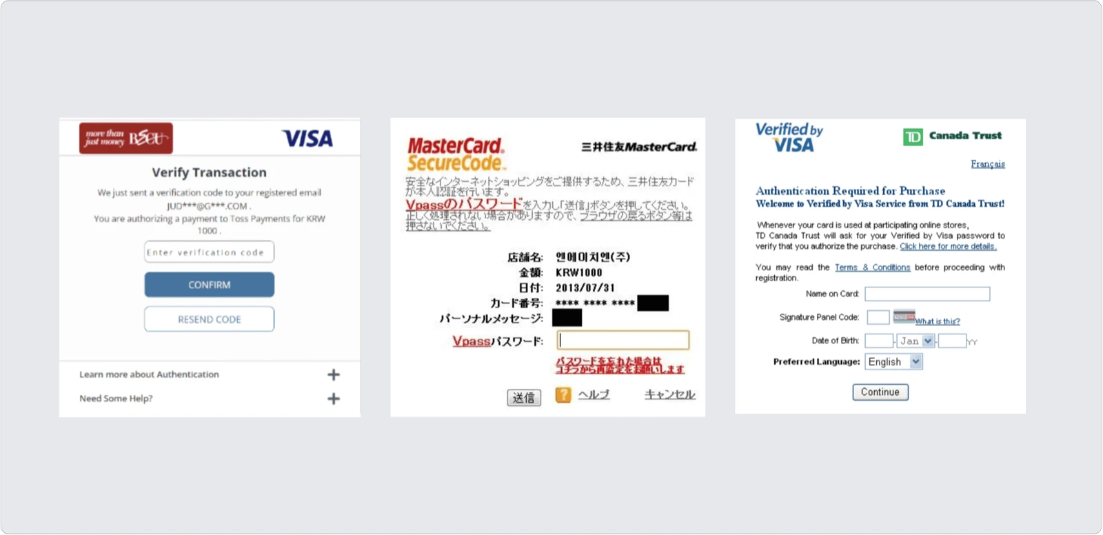 Examples of card issuer 3-D Secure authentication screens