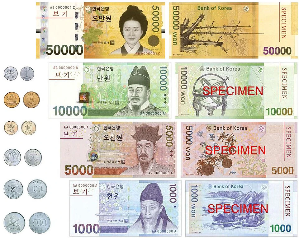 South Korean won specimen banknotes and coins issued by the Bank of Korea