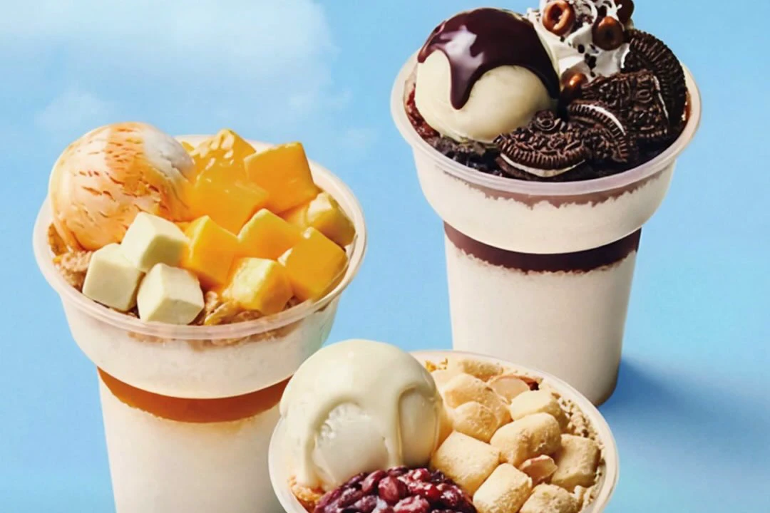 Three one-person Sulbing cup bingsu flavors on a blue background