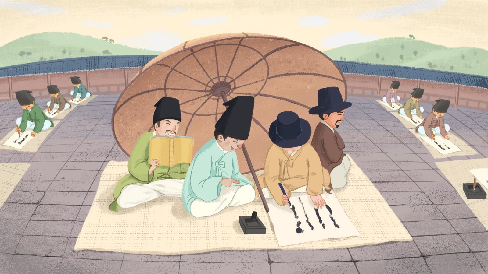 Illustration of a paid proxy team composing an answer for a candidate in a crowded Joseon examination ground