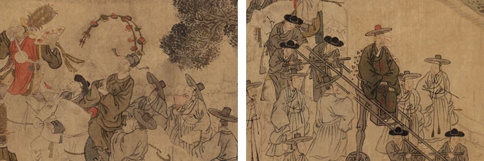 Detail from a Joseon ideal-life painting showing celebration and a high official carried in procession