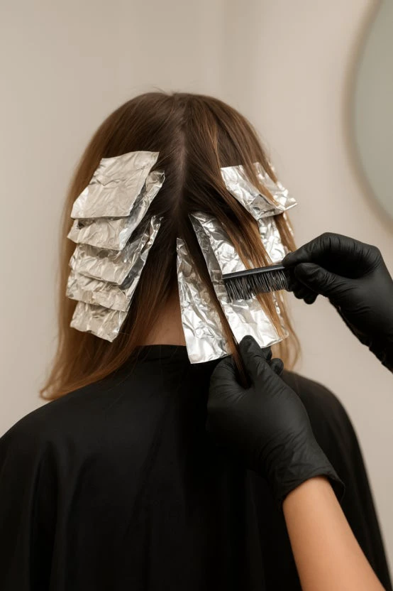 A stylist applying bleach with foils at Neuru Hair Salon in Korea